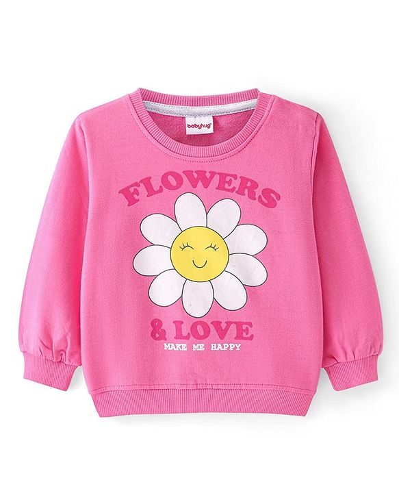 Babyhug Cotton Knit Full Sleeves Sweatshirt With Floral Print - Pink