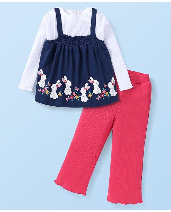 Babyhug Single Jersey Full Sleeves T-Shirt with Bunny Printed Top & Lounge Pant- Navy & Dark Pink