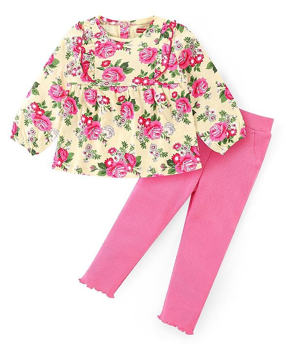 Babyhug Cotton Knit Full Sleeves Top & Lounge Pants Set With Floral Print - Cream & Pink