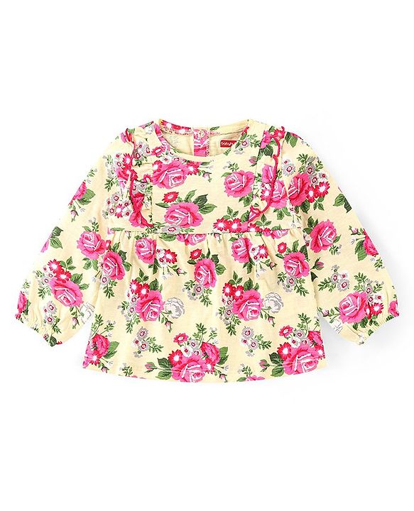 Babyhug Cotton Knit Full Sleeves Top & Lounge Pants Set With Floral Print - Cream & Pink
