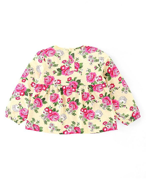 Babyhug Cotton Knit Full Sleeves Top & Lounge Pants Set With Floral Print - Cream & Pink