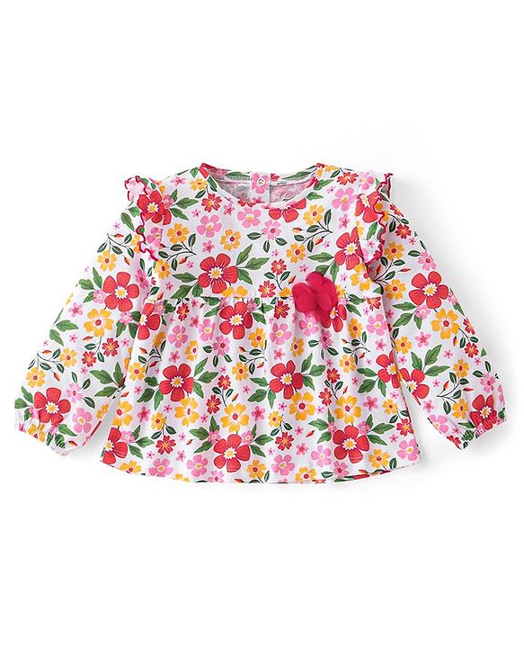 Babyhug Cotton Knit Full Sleeves Floral Printed Frill Detailed Top & Leggings Set - Red & White