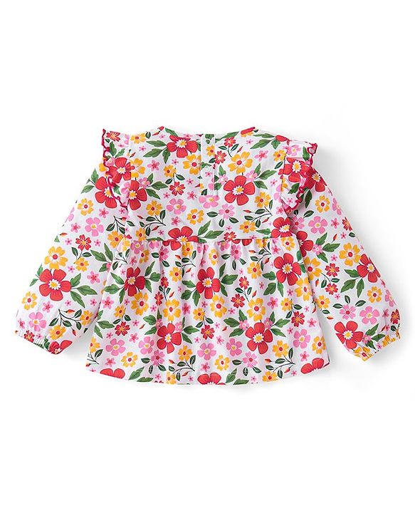Babyhug Cotton Knit Full Sleeves Floral Printed Frill Detailed Top & Leggings Set - Red & White
