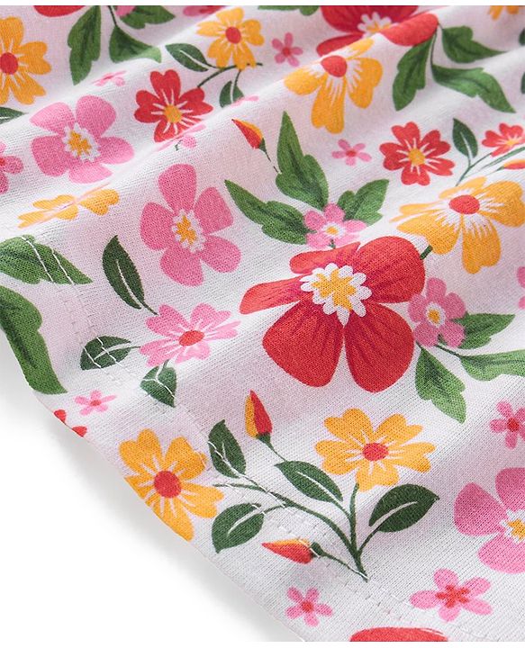 Babyhug Cotton Knit Full Sleeves Floral Printed Frill Detailed Top & Leggings Set - Red & White