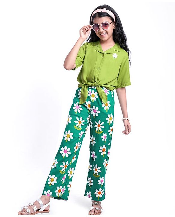 Pine Kids Cotton Woven Half Sleeves Shirt Style Top & Lounge Pants With Floral Print & Embroidery - Lime Green