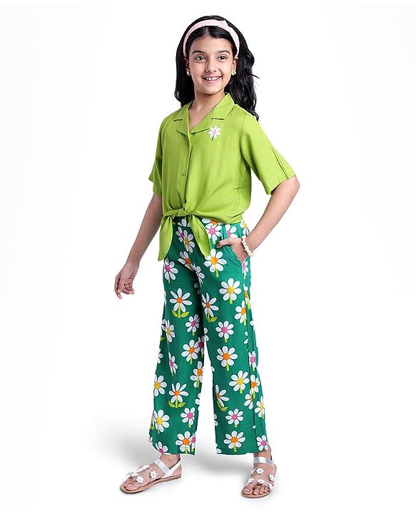 Pine Kids Cotton Woven Half Sleeves Shirt Style Top & Lounge Pants With Floral Print & Embroidery - Lime Green