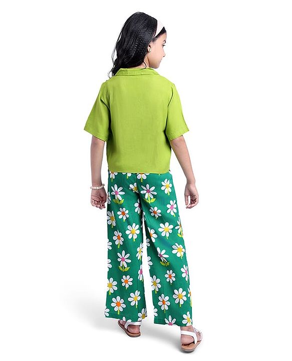 Pine Kids Cotton Woven Half Sleeves Shirt Style Top & Lounge Pants With Floral Print & Embroidery - Lime Green