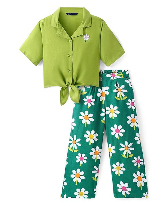 Pine Kids Cotton Woven Half Sleeves Shirt Style Top & Lounge Pants With Floral Print & Embroidery - Lime Green