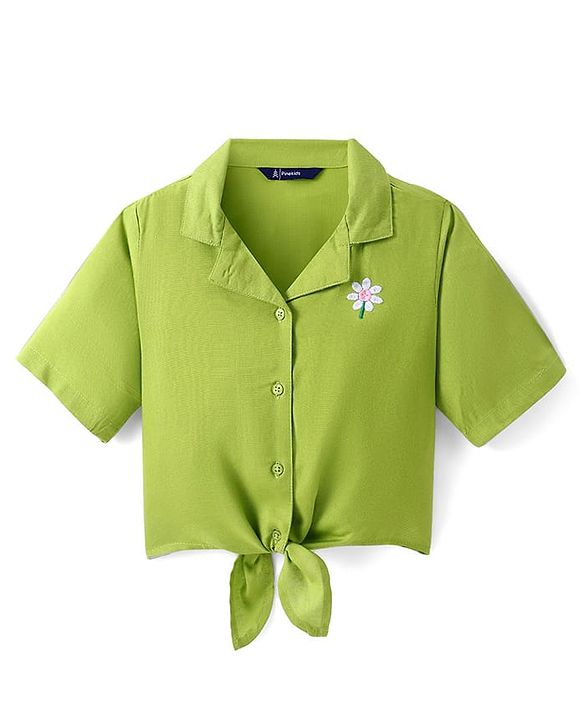 Pine Kids Cotton Woven Half Sleeves Shirt Style Top & Lounge Pants With Floral Print & Embroidery - Lime Green