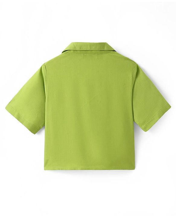 Pine Kids Cotton Woven Half Sleeves Shirt Style Top & Lounge Pants With Floral Print & Embroidery - Lime Green
