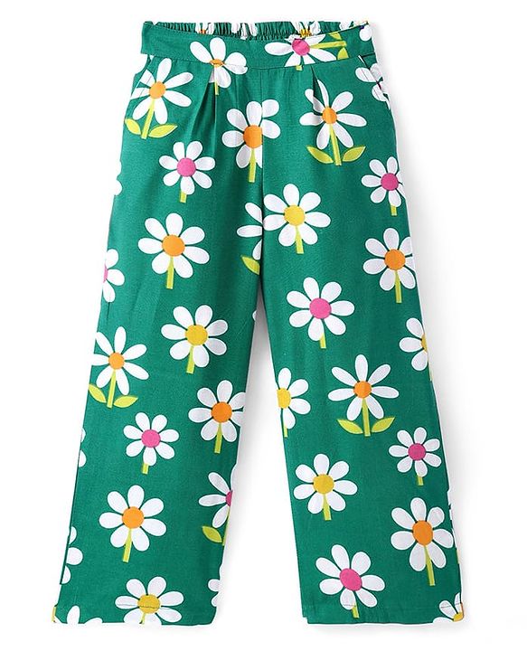 Pine Kids Cotton Woven Half Sleeves Shirt Style Top & Lounge Pants With Floral Print & Embroidery - Lime Green