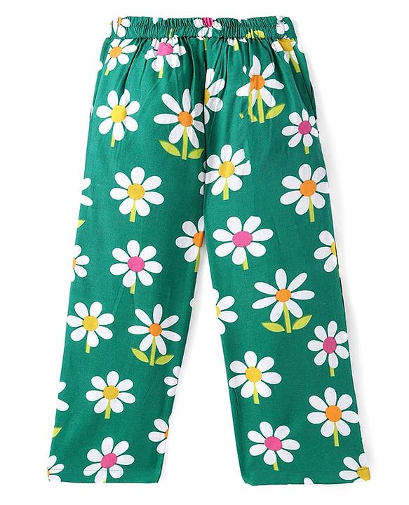 Pine Kids Cotton Woven Half Sleeves Shirt Style Top & Lounge Pants With Floral Print & Embroidery - Lime Green