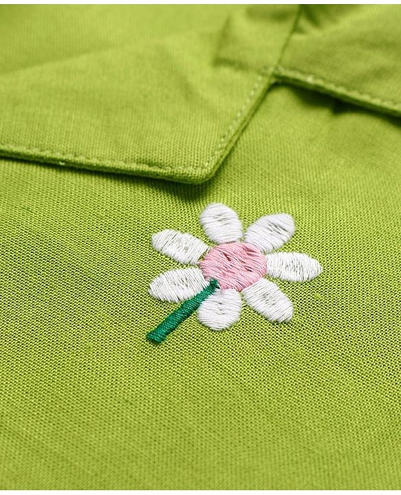 Pine Kids Cotton Woven Half Sleeves Shirt Style Top & Lounge Pants With Floral Print & Embroidery - Lime Green