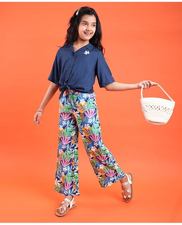 Pine Kids Cotton Woven Half Sleeves Shirt Style Top & Lounge Pants With Floral Print & Embroidery - Navy