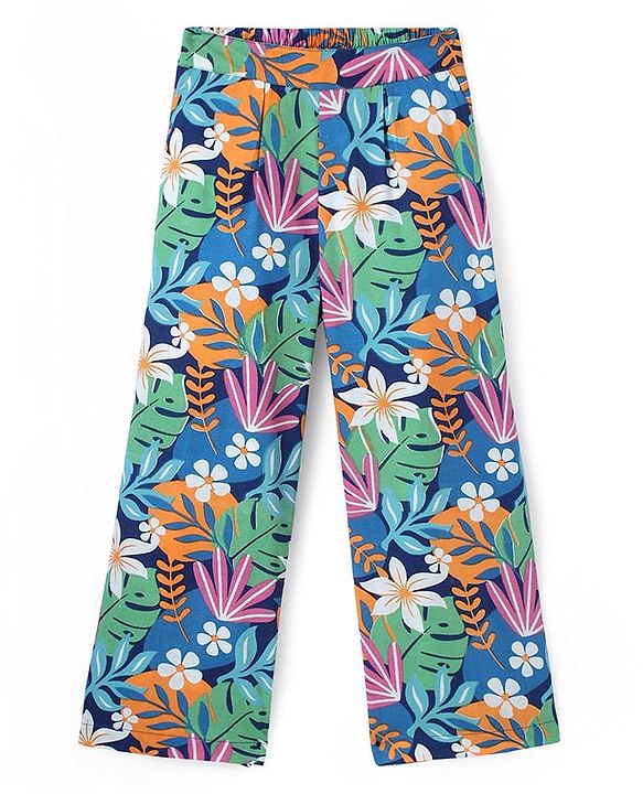 Pine Kids Cotton Woven Half Sleeves Shirt Style Top & Lounge Pants With Floral Print & Embroidery - Navy