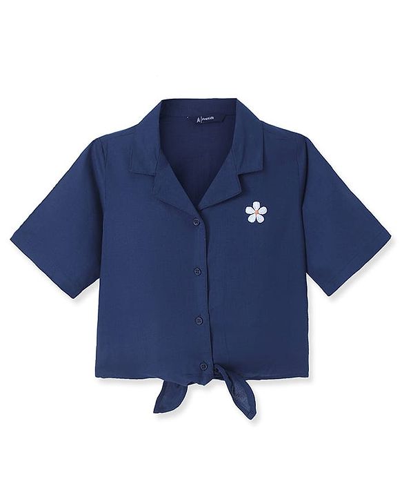 Pine Kids Cotton Woven Half Sleeves Shirt Style Top & Lounge Pants With Floral Print & Embroidery - Navy
