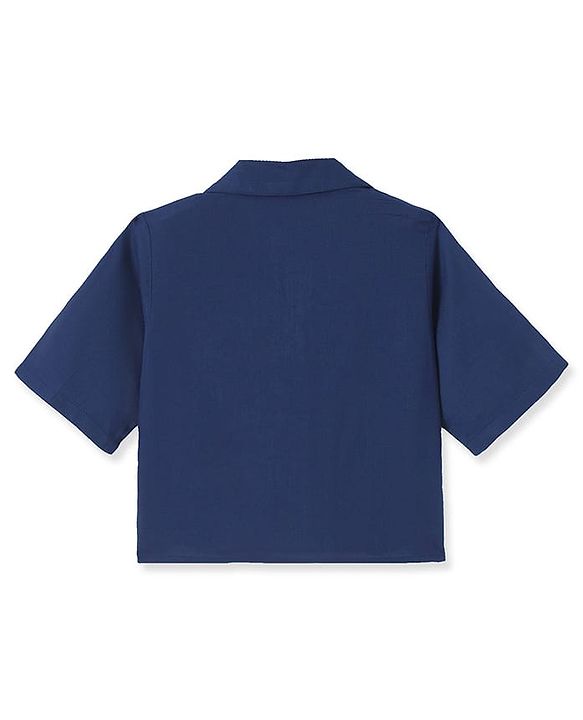 Pine Kids Cotton Woven Half Sleeves Shirt Style Top & Lounge Pants With Floral Print & Embroidery - Navy