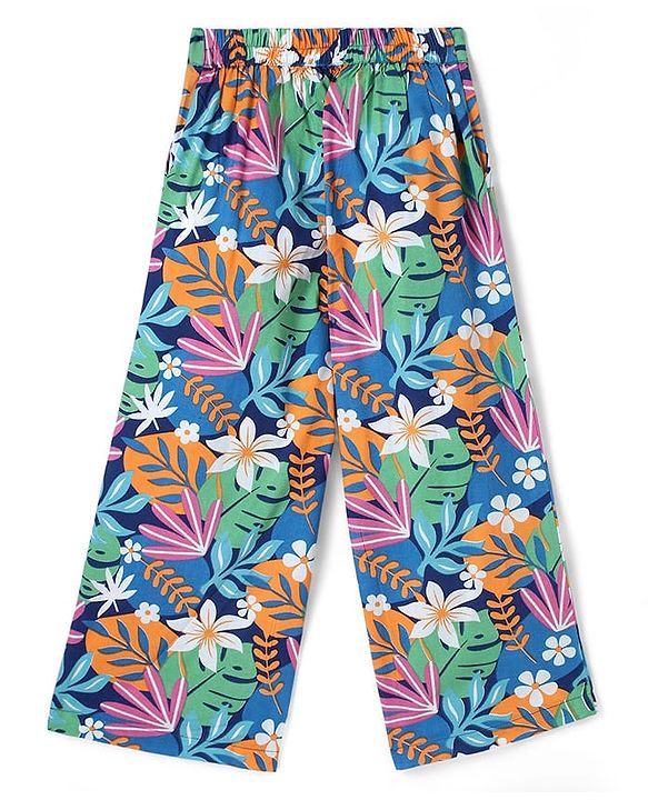 Pine Kids Cotton Woven Half Sleeves Shirt Style Top & Lounge Pants With Floral Print & Embroidery - Navy