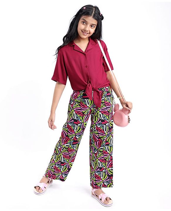 Pine Kids Cotton Woven Half Sleeves Solid Shirt Style Top & Printed Lounge Pants - Maroon