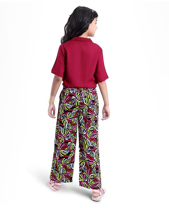 Pine Kids Cotton Woven Half Sleeves Solid Shirt Style Top & Printed Lounge Pants - Maroon