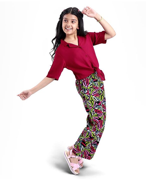 Pine Kids Cotton Woven Half Sleeves Solid Shirt Style Top & Printed Lounge Pants - Maroon