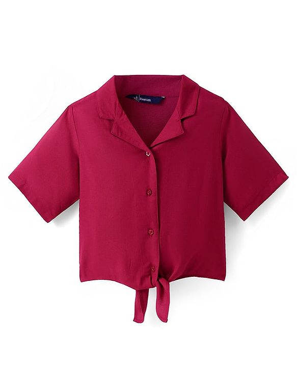 Pine Kids Cotton Woven Half Sleeves Solid Shirt Style Top & Printed Lounge Pants - Maroon