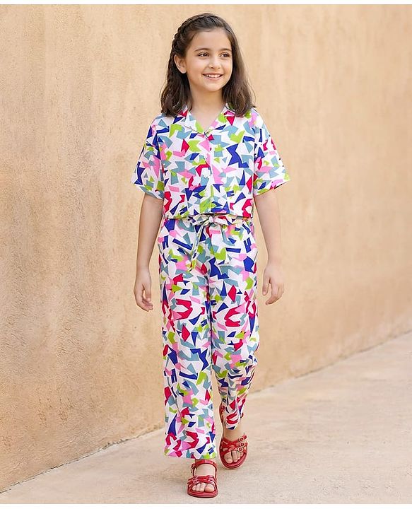 Pine Kids Cotton Woven Half Sleeves Printed Shirt Style Top & Culottes Co-Ord Set - White