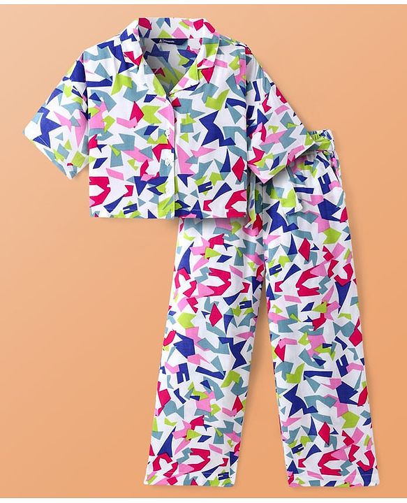 Pine Kids Cotton Woven Half Sleeves Printed Shirt Style Top & Culottes Co-Ord Set - White