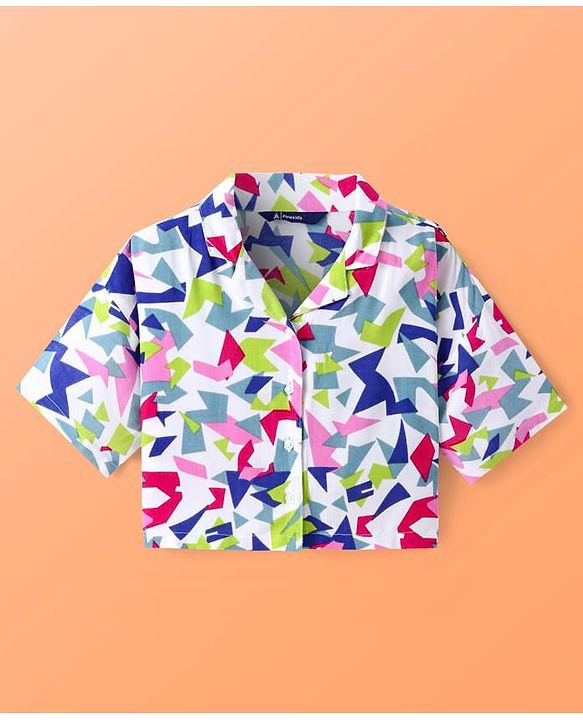 Pine Kids Cotton Woven Half Sleeves Printed Shirt Style Top & Culottes Co-Ord Set - White