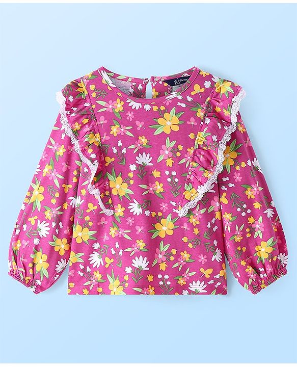Pine Kids Cotton Knit Peasant Sleeves Lace & Frill Detailing Floral Printed Top - Dark Pink