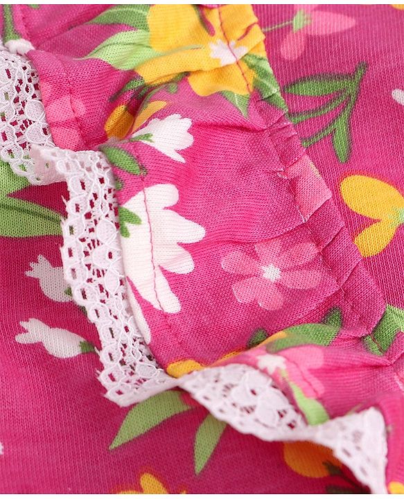Pine Kids Cotton Knit Peasant Sleeves Lace & Frill Detailing Floral Printed Top - Dark Pink