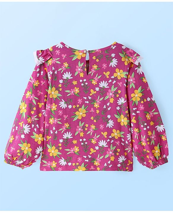Pine Kids Cotton Knit Peasant Sleeves Lace & Frill Detailing Floral Printed Top - Dark Pink