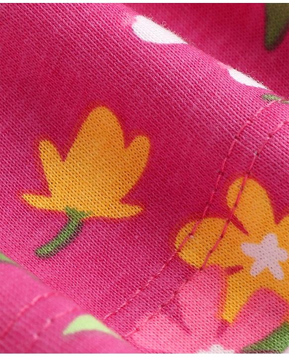 Pine Kids Cotton Knit Peasant Sleeves Lace & Frill Detailing Floral Printed Top - Dark Pink