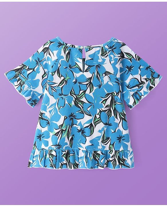 Pine Kids Cotton Knit Half Sleeves Top with Floral Print - Blue & White