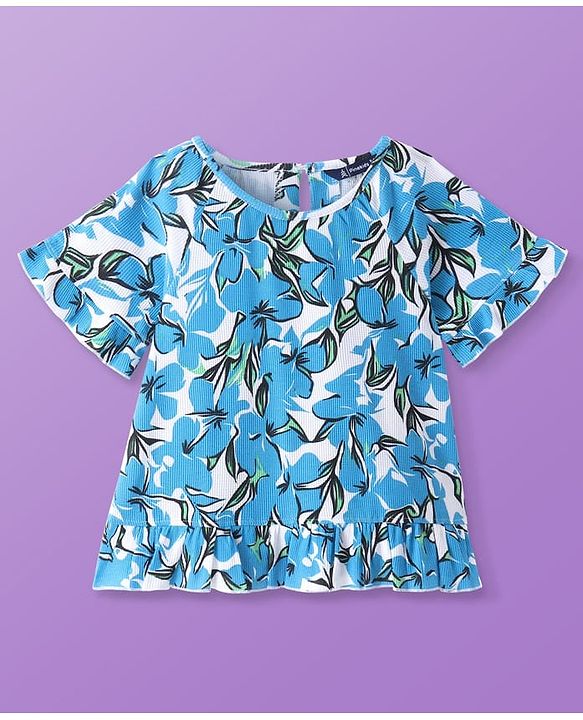 Pine Kids Cotton Knit Half Sleeves Top with Floral Print - Blue & White