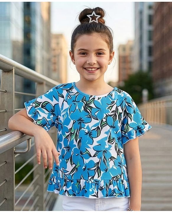 Pine Kids Cotton Knit Half Sleeves Top with Floral Print - Blue & White