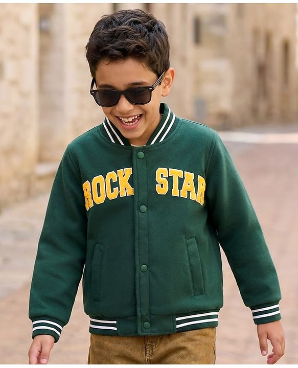 Pine Kids Woven Full Sleeves Bomber Jacket with Text Print & Pockets - Dark Green