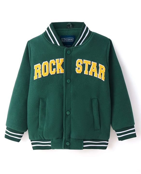 Pine Kids Woven Full Sleeves Bomber Jacket with Text Print & Pockets - Dark Green