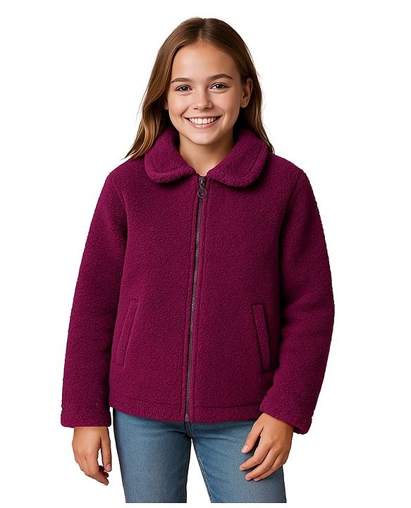 Pine Kids Woven Full Sleeves Collar Neck Front Open Solid Colour Winter Jacket - Burgundy