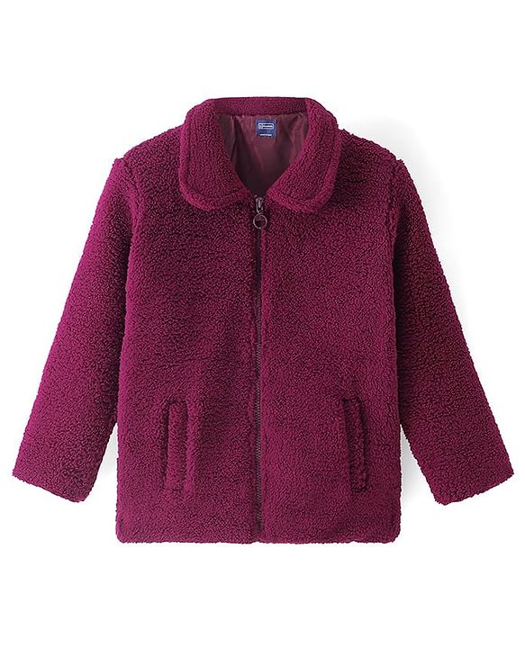 Pine Kids Woven Full Sleeves Collar Neck Front Open Solid Colour Winter Jacket - Burgundy