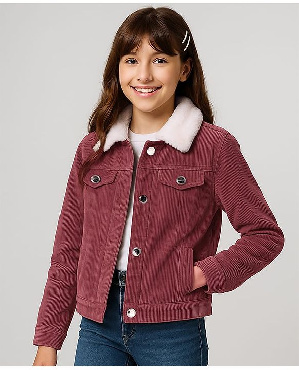 Pine Kids Cotton Woven Full Sleeves  Jacket with Fur Detailing - Dark Red