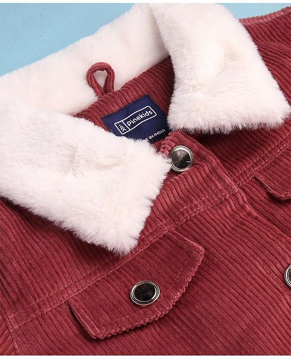 Pine Kids Cotton Woven Full Sleeves  Jacket with Fur Detailing - Dark Red