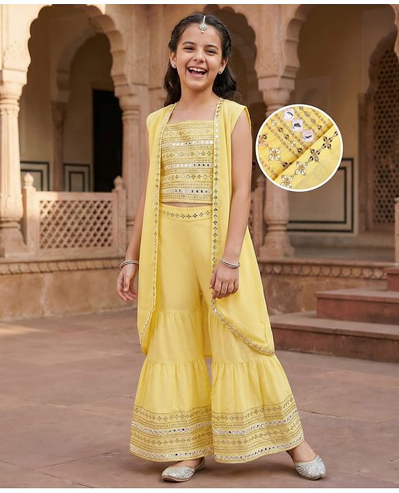 Pine Kids Woven Sequinned Sleeveless Top & Palazzo Set with Shrug-  Light Yellow