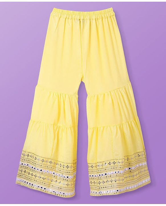 Pine Kids Woven Sequinned Sleeveless Top & Palazzo Set with Shrug-  Light Yellow