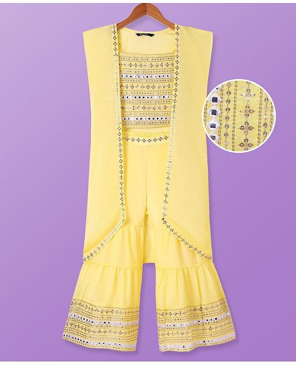 Pine Kids Woven Sequinned Sleeveless Top & Palazzo Set with Shrug-  Light Yellow