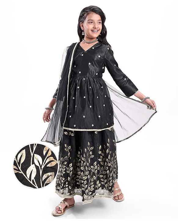 Pine Kids Woven Three Fourth Sleeves Mirror Embroidered Choli  & Floral Printed Lehenga Set with Dupatta - Black