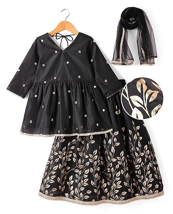 Pine Kids Woven Three Fourth Sleeves Mirror Embroidered Choli  & Floral Printed Lehenga Set with Dupatta - Black