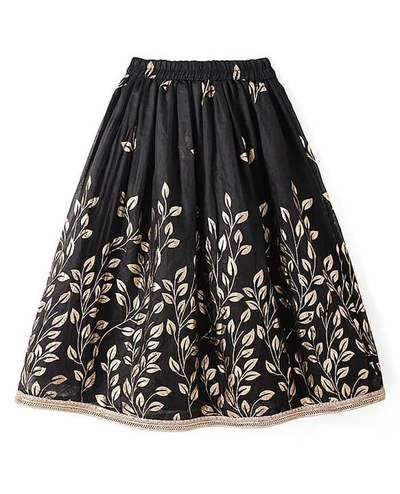 Pine Kids Woven Three Fourth Sleeves Mirror Embroidered Choli  & Floral Printed Lehenga Set with Dupatta - Black