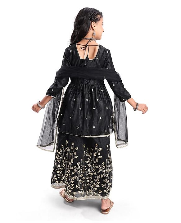 Pine Kids Woven Three Fourth Sleeves Mirror Embroidered Choli  & Floral Printed Lehenga Set with Dupatta - Black