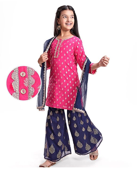 Pine Kids  Woven Three Fourth Sleeves  Foil Printed Kurta Gharara &  Dupatta Set with Embroidered Detailing - Dark Pink